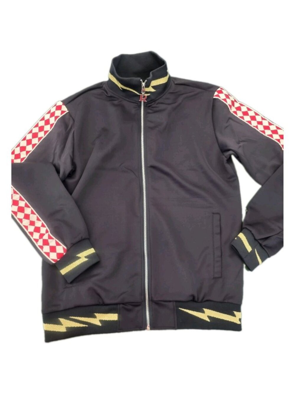Fashion Nova Men’s Size Large Bolt Track Jacket Black White Athletic Leisure
